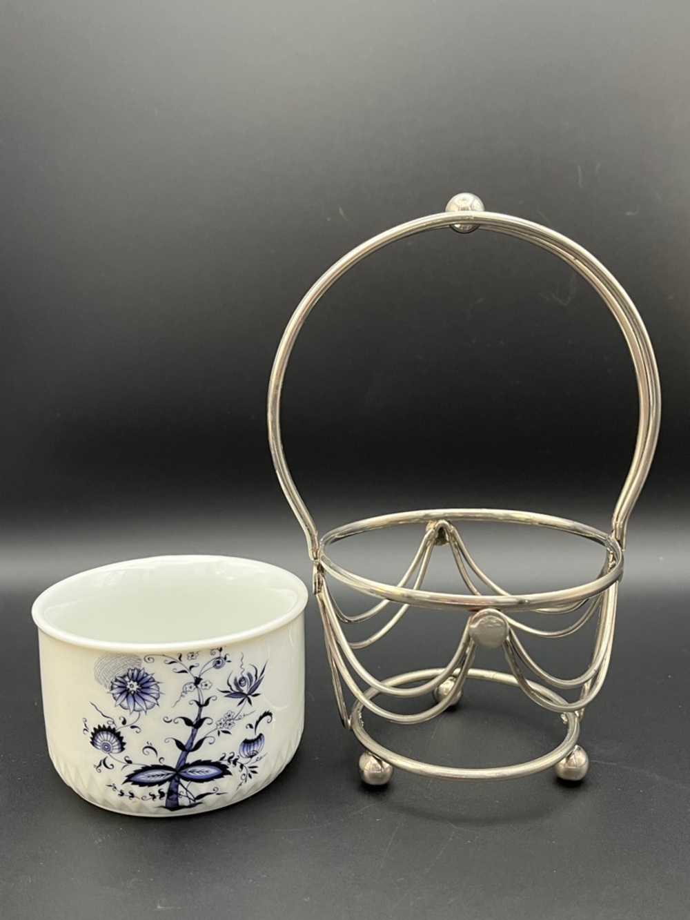 Vintage House of Prill “Blue Onion” Porcelain Condiment Bowl with Metal Stand